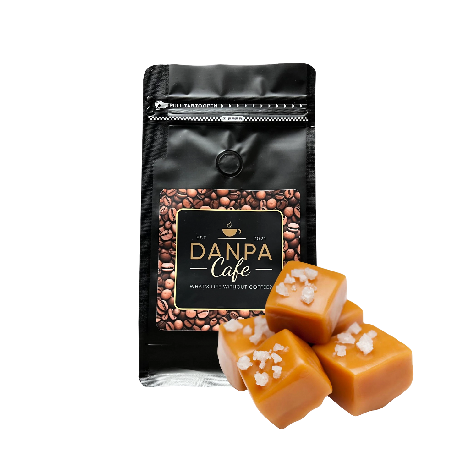 Salted Caramel product displayed on a cafe countertop