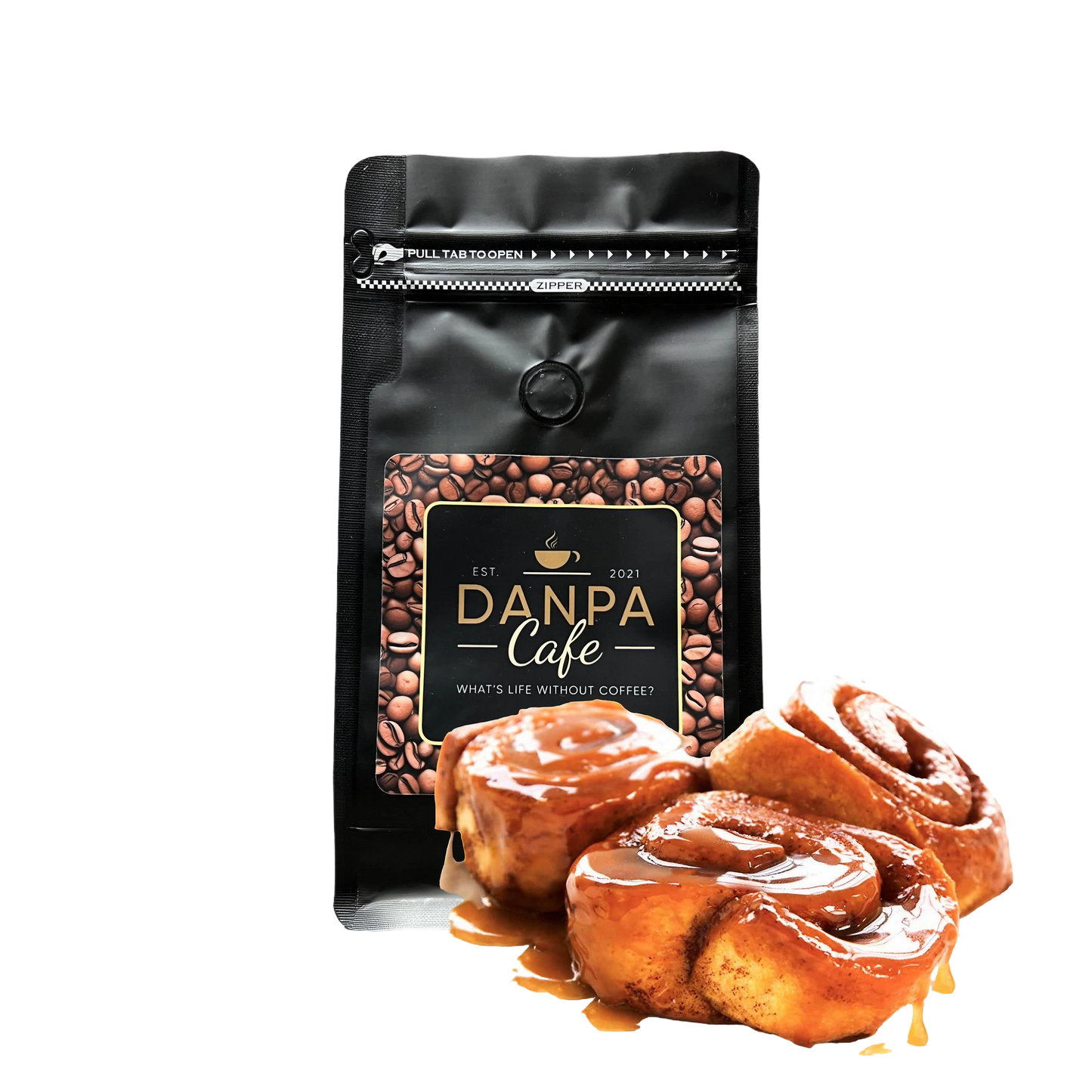 Sticky Bun product featuring caramelized cinnamon rolls with coffee beans