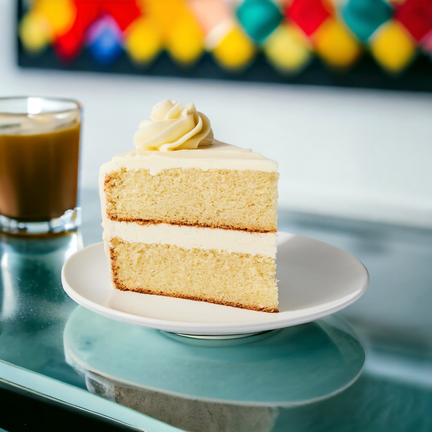 A piece of vanilla cake on a plate accompanied by a cup of coffee