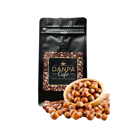 Close-up of Hazelnut brand coffee beans with a label