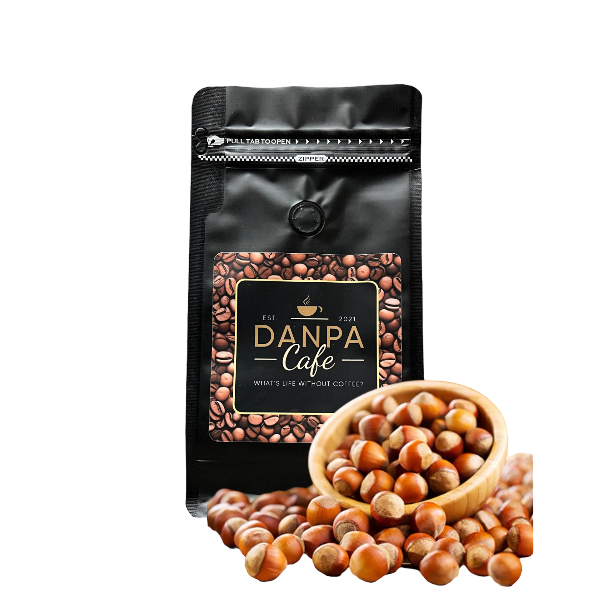 Close-up of Hazelnut brand coffee beans with a label