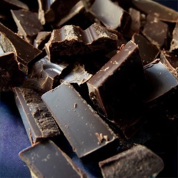 Heap of Dark Chocolate chunks on a blue background