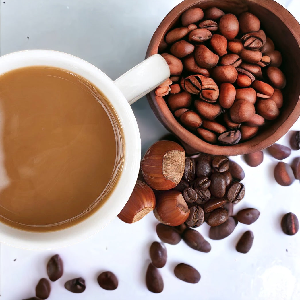 Hazelnut-flavored coffee beans scattered on a surface