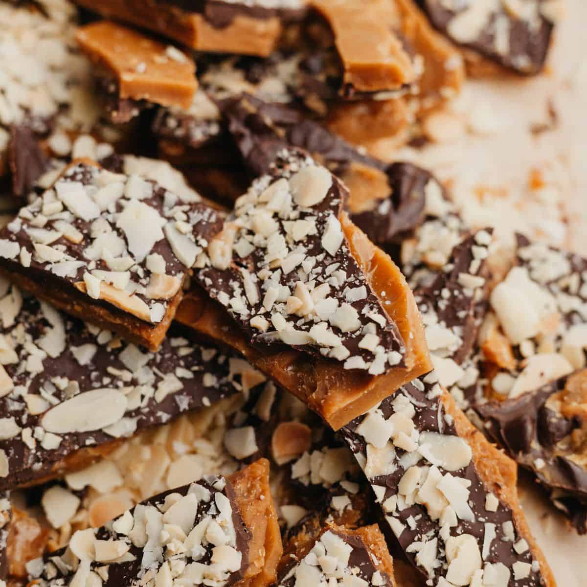 Close-up of Almond Toffee Crunch on a wooden board