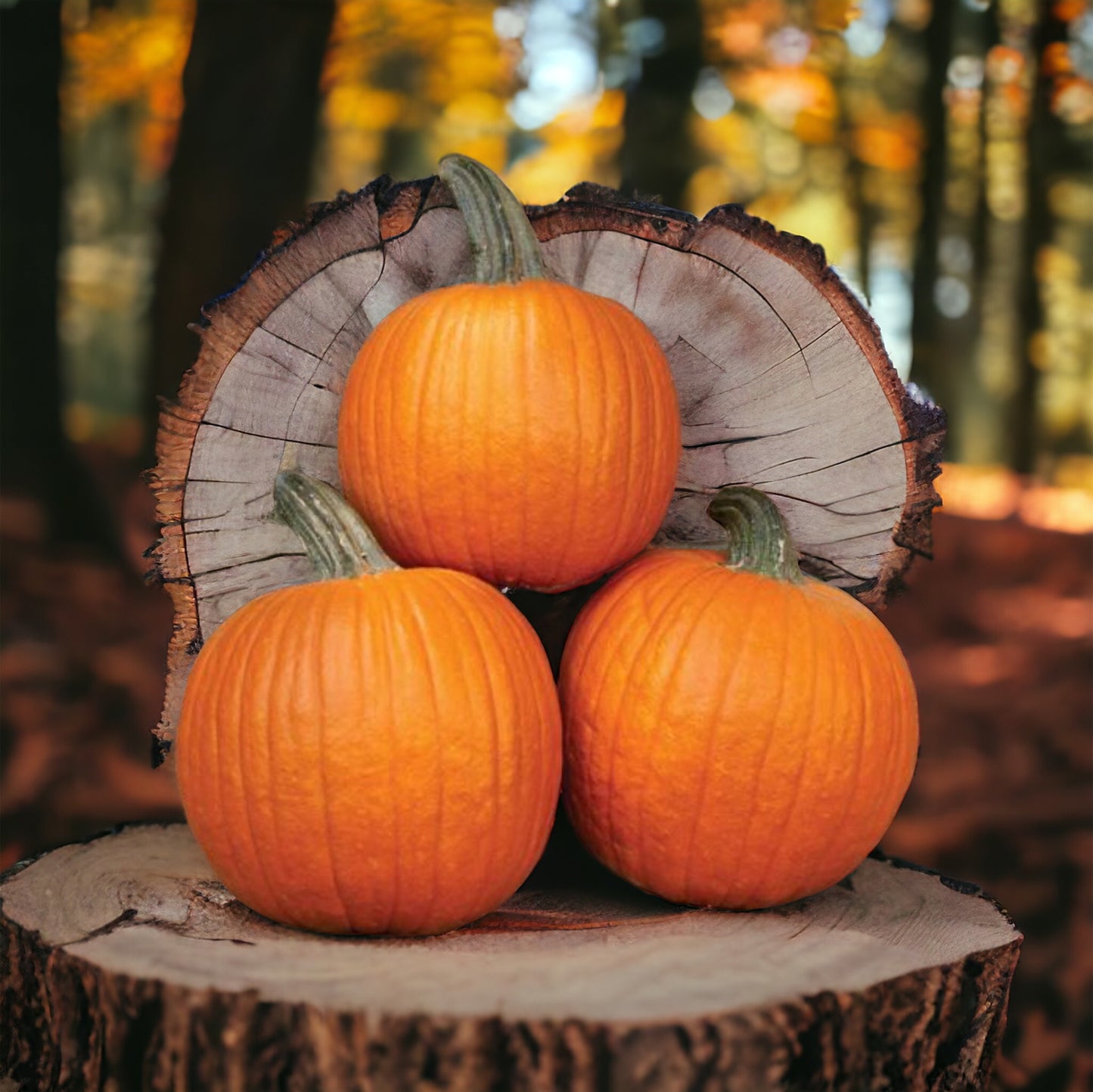 Trio of Pumpkin Spice packages presented on a wooden stump