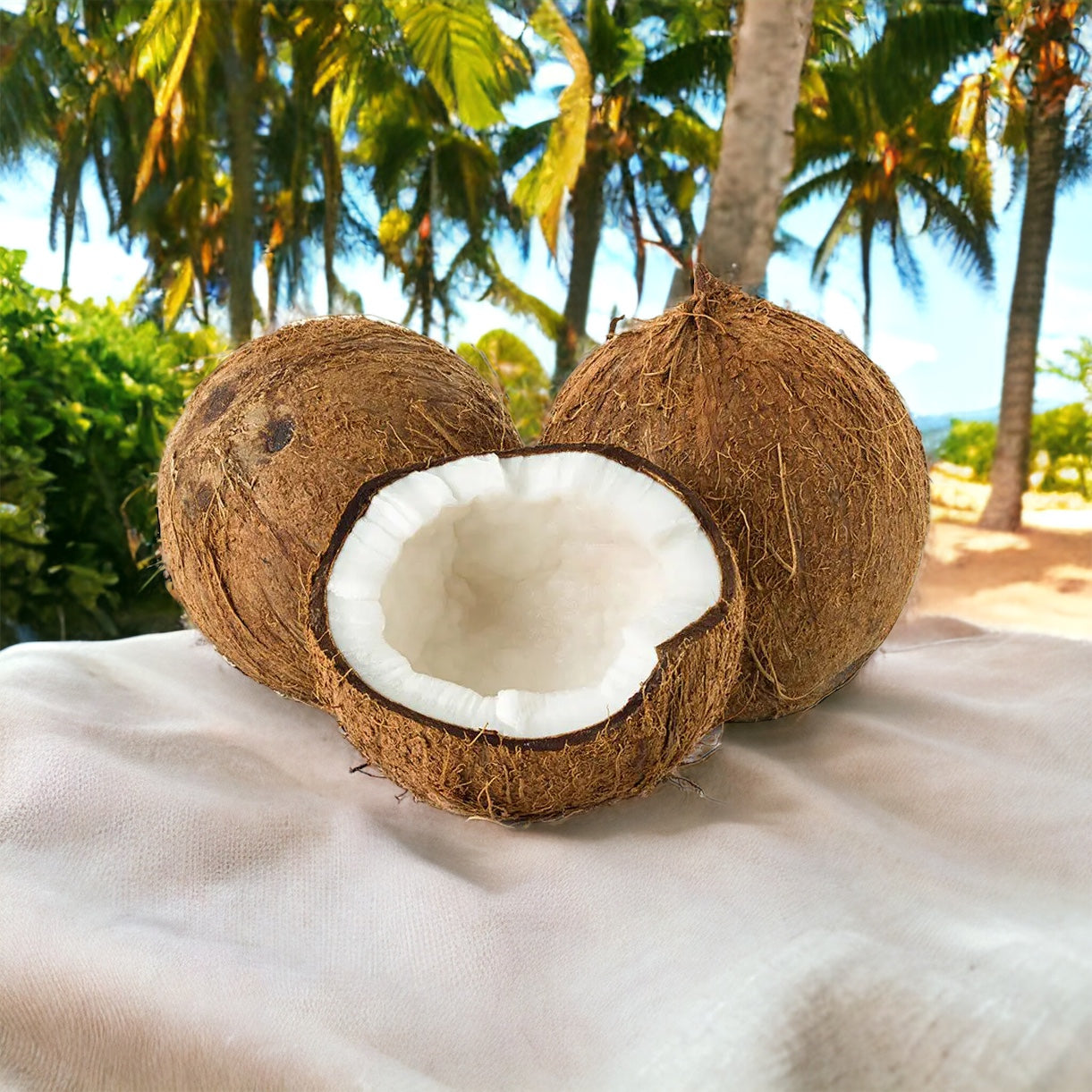 Close-up of a Toasted Coconut Macaroon with a backdrop of palm leaves